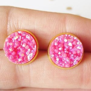 Pink Druzy Stud Earrings